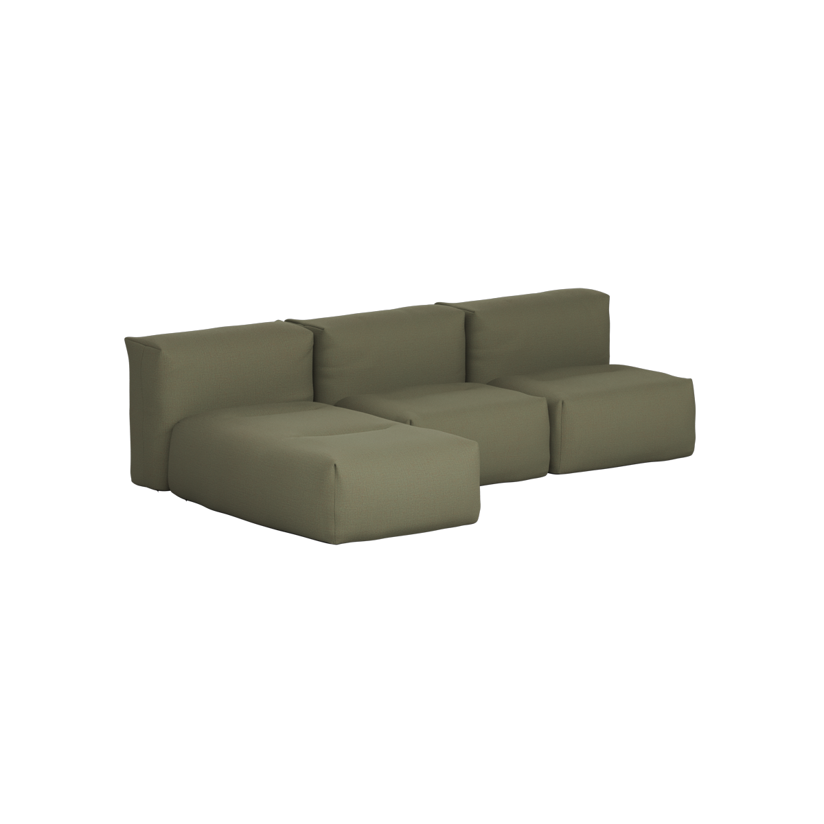 Olive green sackit outdoor sofa with three seats and an integrated lounger for comfortable Nordic outdoor living