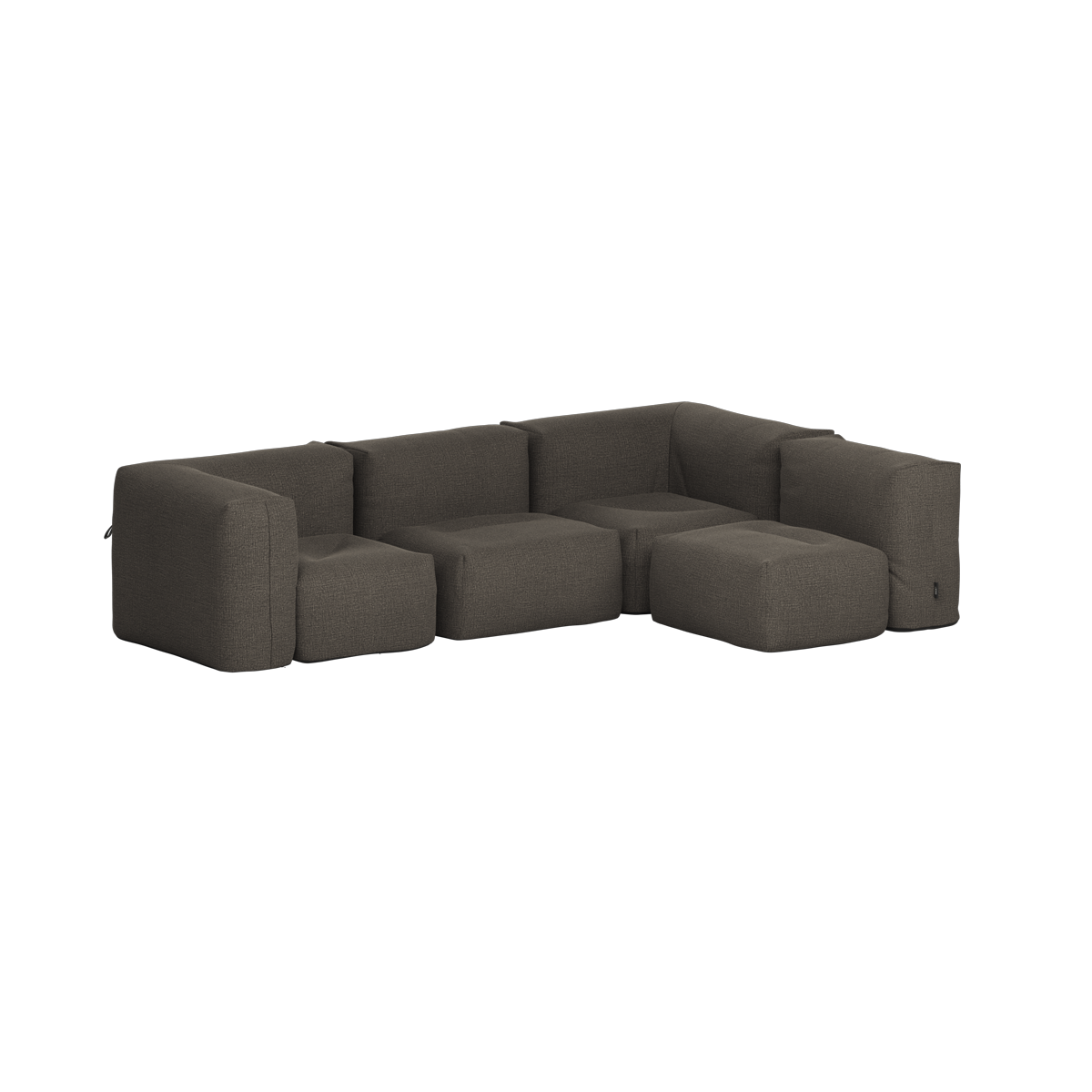 Dark grey four seater corner sofa with deep cushioned seats and soft rounded modules from sackit designed for comfortable outdoor lounging
