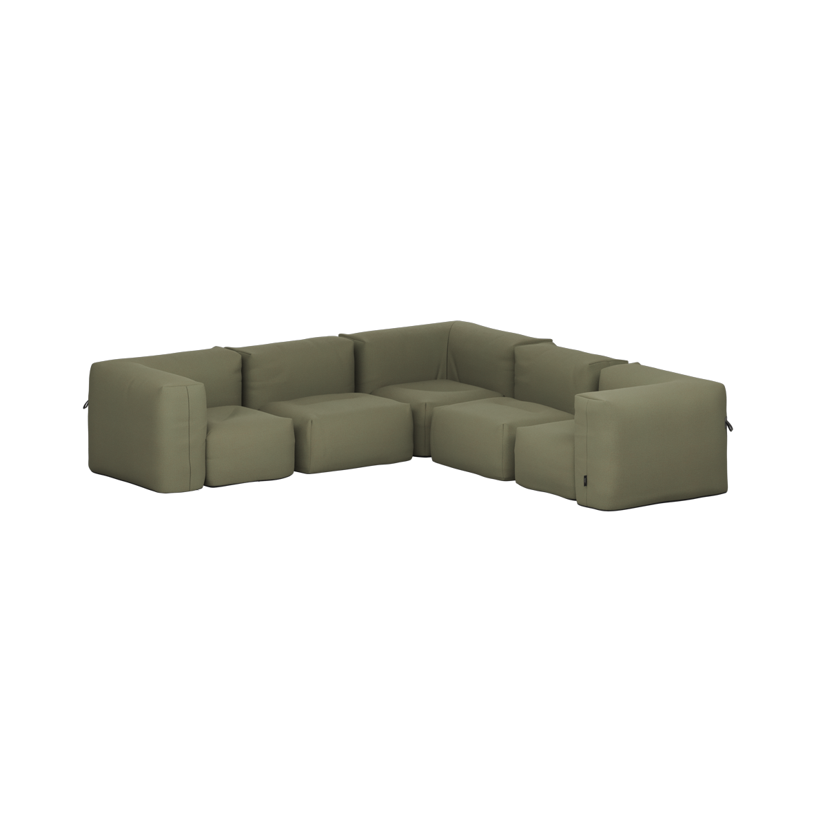 Olive green five seater outdoor corner sofa with deep cushioned seats and a low modular design by sackit on a black background