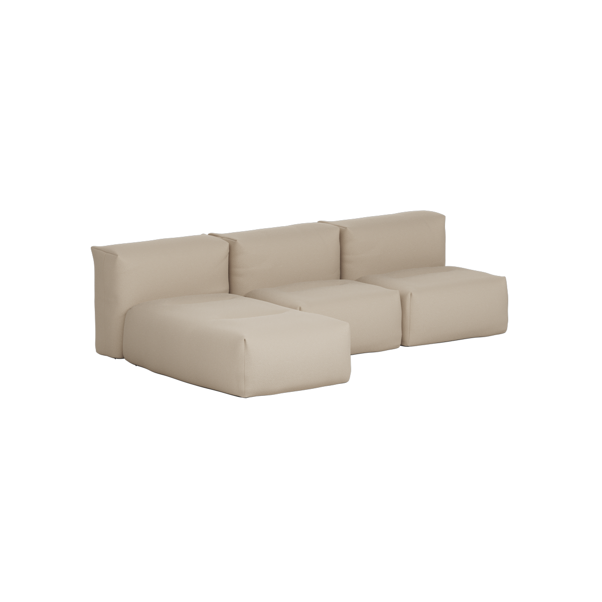 Beige sackit outdoor three seater sofa with integrated lounger and soft form stable cushions designed for comfortable Nordic outdoor living