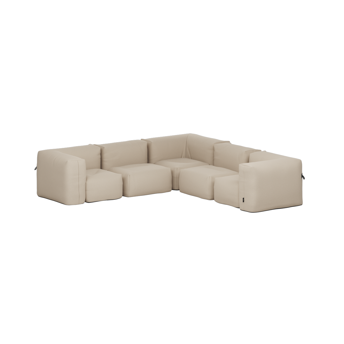 Beige five seater corner outdoor sofa with deep cushioned seats and a soft frameless design by sackit for comfortable Nordic outdoor living