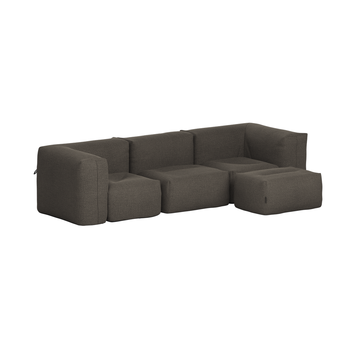 Dark gray sackit outdoor three seat sofa with a matching pouf and deep cushioned seating for comfortable Nordic outdoor living