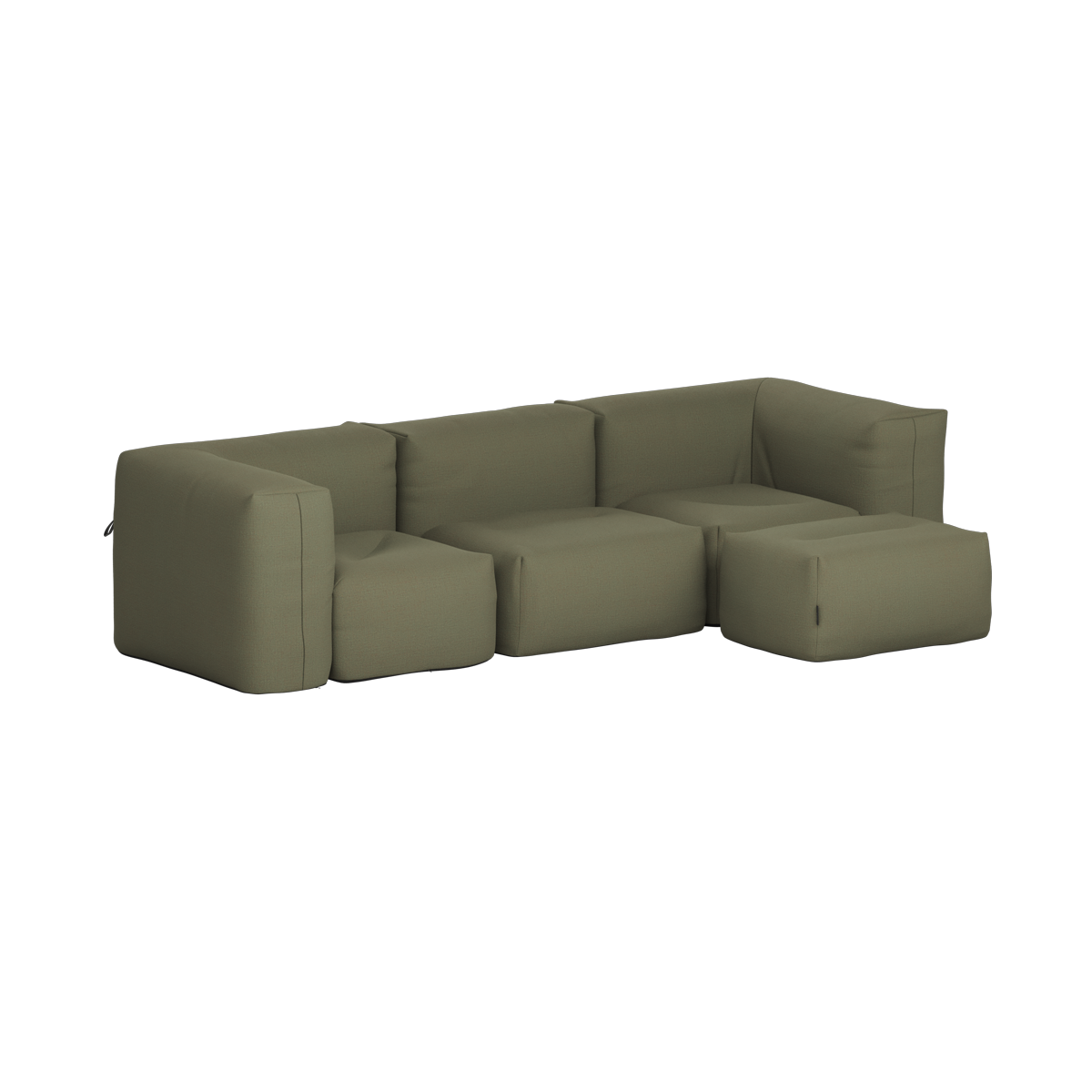 Olive green three seat outdoor sofa with matching pouf and deep cushions for comfortable Nordic outdoor living by sackit