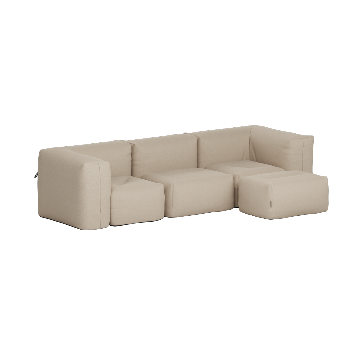 Beige three seat outdoor sofa with matching pouf from sackit designed for comfortable Nordic living under open skies