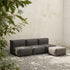 Soft Sofa Outdoor 3-seater in Kirra Olive with pouf, soft fabric, low backrest, outdoor setting.