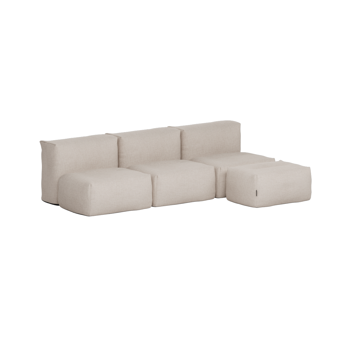 sackit light beige outdoor three seater sofa with open modular design and matching pouf for comfortable Nordic outdoor living