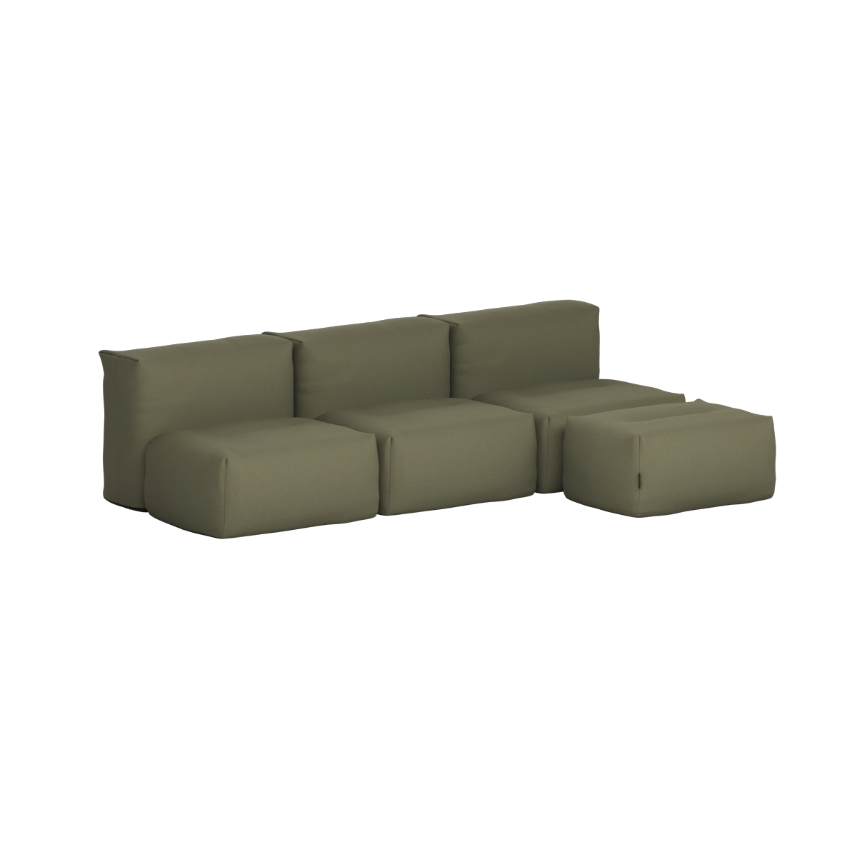 Olive green three seat outdoor sofa with soft cushions and matching pouf from sackit for comfortable Nordic outdoor living
