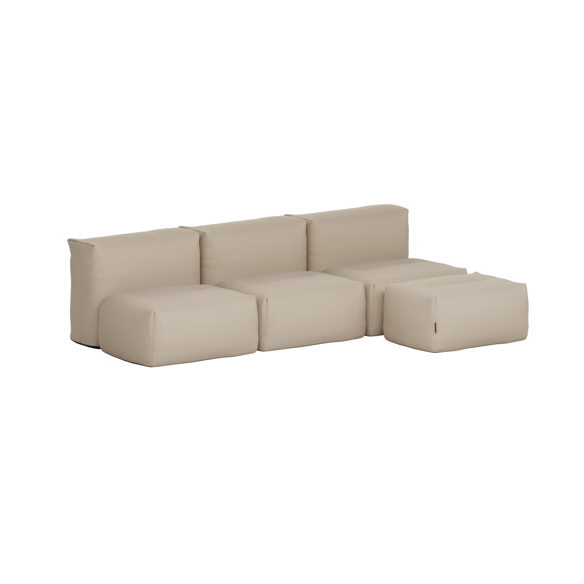 Beige three seat outdoor sofa with soft back cushions and matching pouf for comfortable Nordic outdoor living by sackit europa