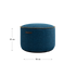Round Medley Pouf in denim blue fabric with soft texture and hand-sewn linen stitches