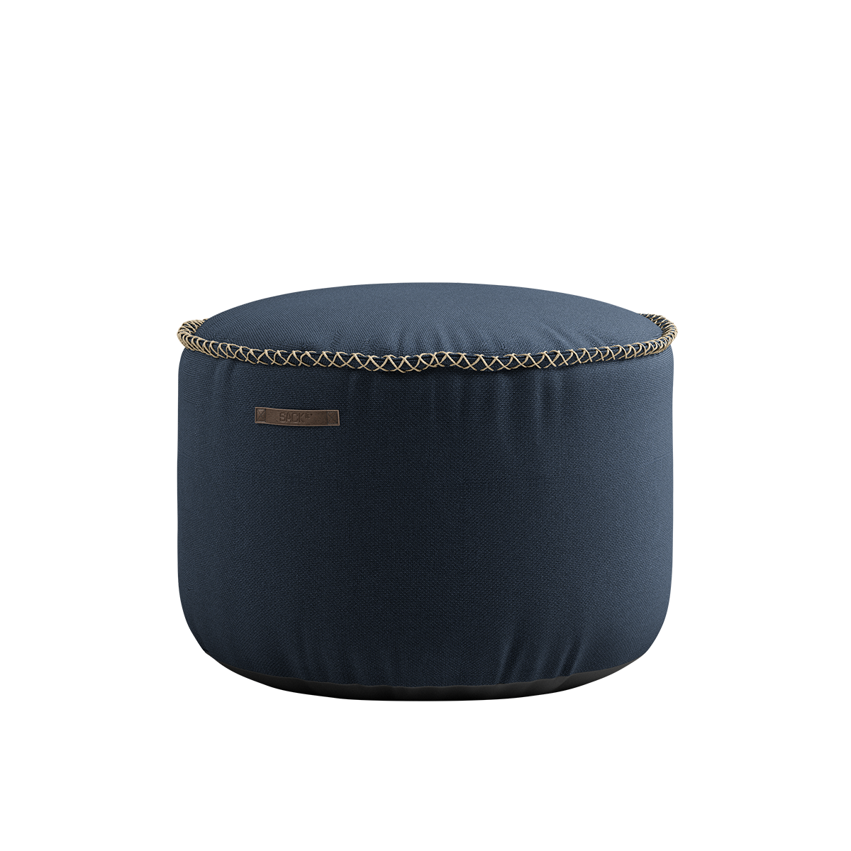 Round Cura Pouf in dark blue Cura fabric with hand-sewn stitches and soft texture