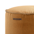Round Cura Pouf in dark blue recycled polyester fabric with hand-sewn linen stitches.
