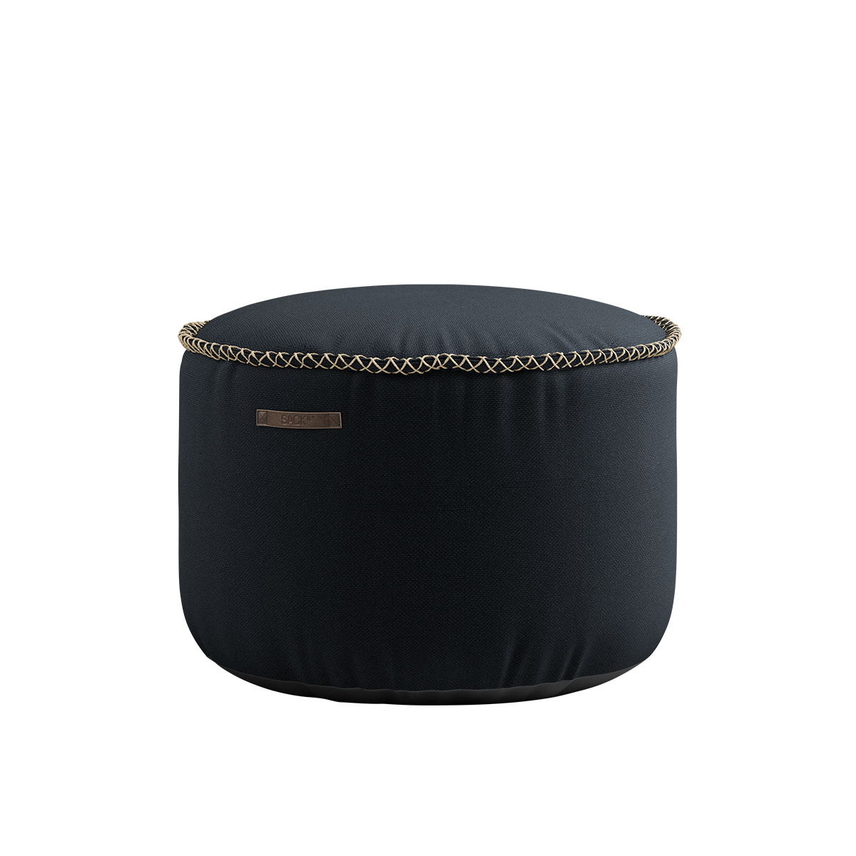 Black Cura Pouf with soft fabric and hand-sewn stitches, multifunctional footstool and extra seat