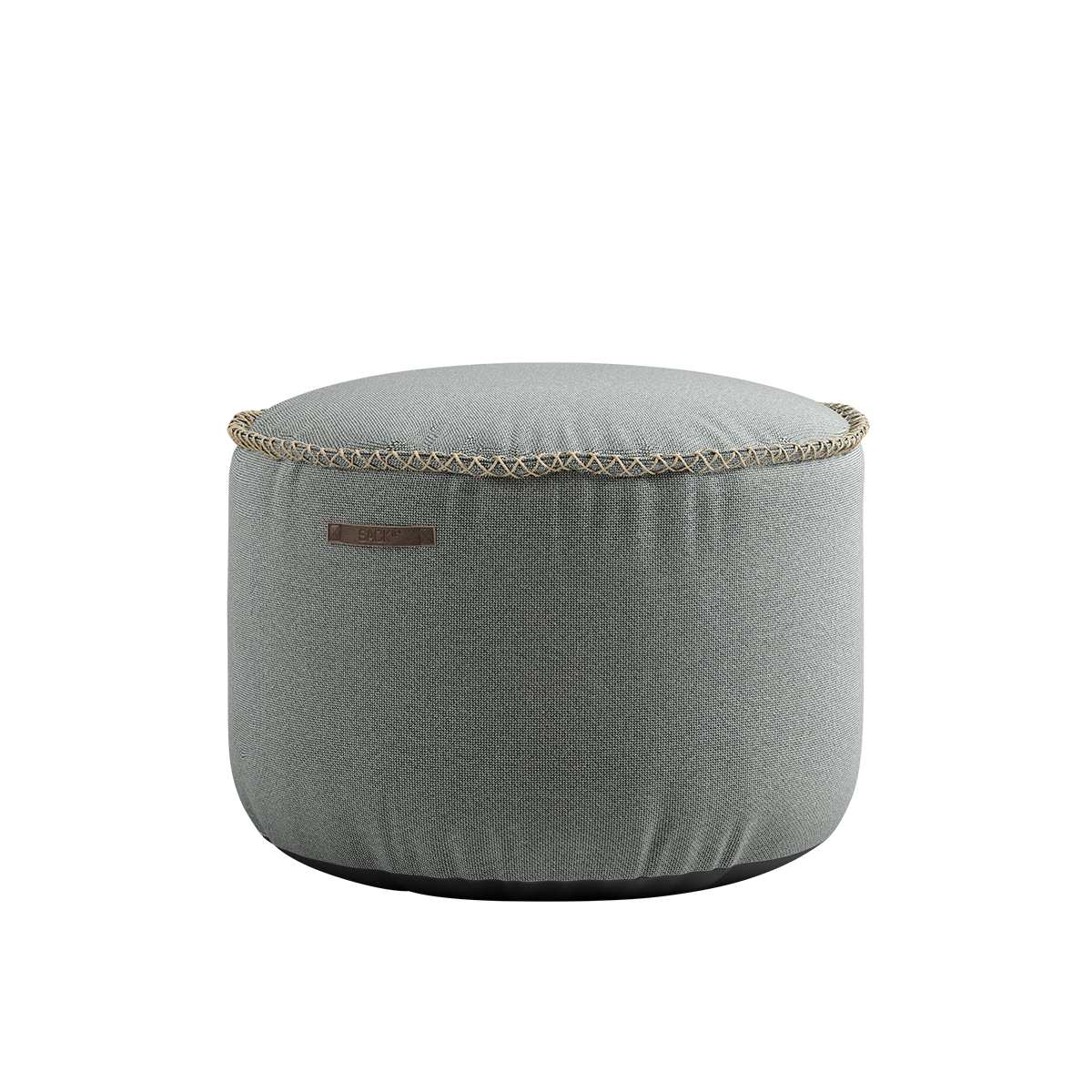 Round Cura Pouf in grey Cura fabric with soft texture and hand-sewn linen stitches.