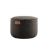 Round Canvas Pouf in brown canvas fabric with hand-sewn linen stitches, durable and multifunctional design.