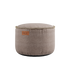 Canvas Pouf in sand color with hand-sewn linen stitches, round shape, durable canvas fabric.