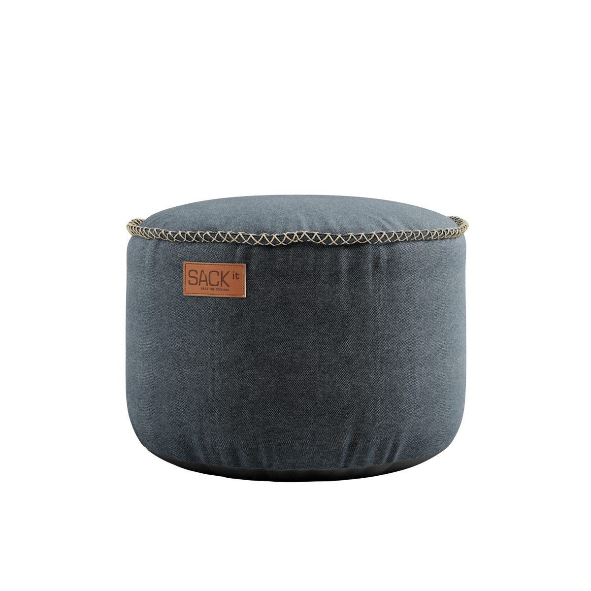 Round Canvas Pouf in petrol color with hand-sewn linen stitches on canvas fabric
