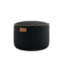 Black Canvas Pouf with hand-sewn linen stitches in a round shape on a white background