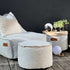 Round Cobana Grey pouf with durable fabric and hand-sewn stitches suitable for indoor and outdoor use
