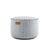 Round Cobana Pouf in grey Cobana fabric with hand-sewn linen stitches, designed for indoor and outdoor use.