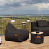 Cobana Grey pouf with hand-sewn stitches, round shape, and durable fabric for indoor and outdoor use.