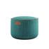 Round Cobana Pouf in petrol melange fabric with durable hand-sewn stitches, suitable for indoor and outdoor use