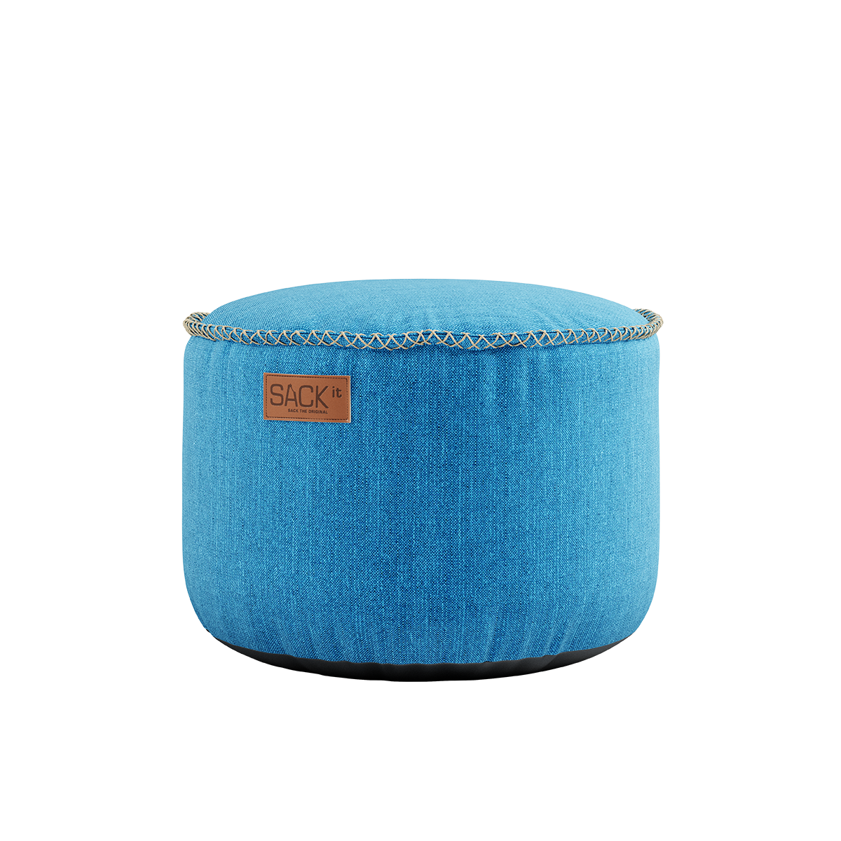 Round turquoise Cobana Pouf with textured fabric and hand-sewn stitches, suitable for indoor and outdoor use