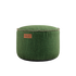 Round Cobana Pouf in green Cobana fabric with hand-sewn stitches, suitable for indoor and outdoor use