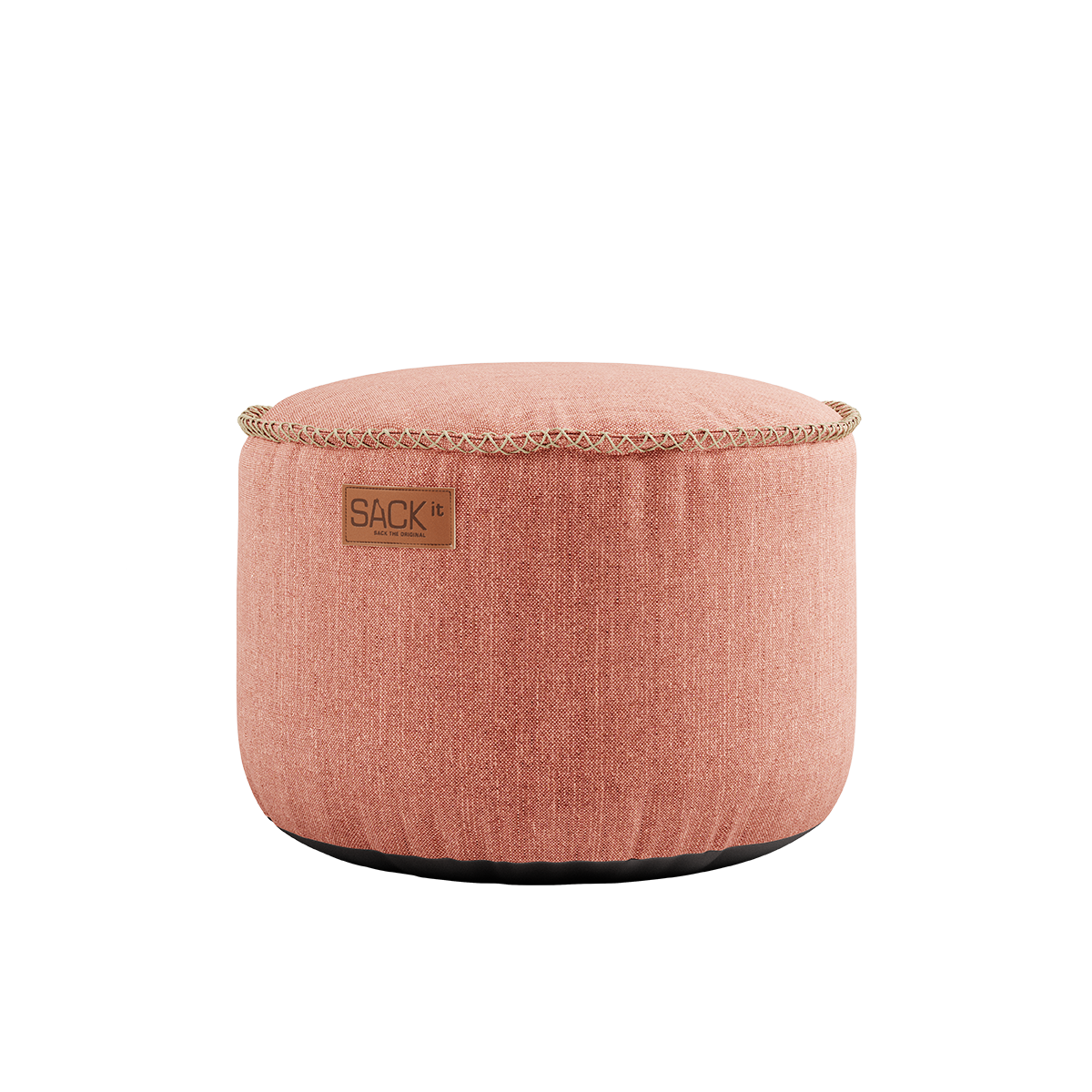 Round Cobana Pouf in soft rose color with durable fabric and hand-sewn linen stitches.