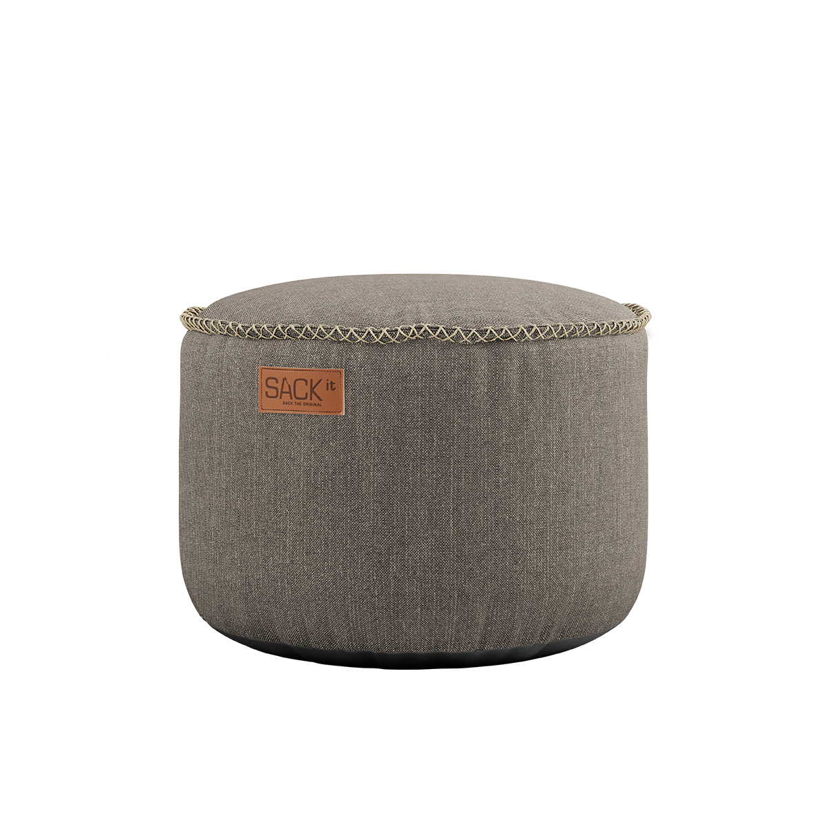 Cobana Taupe pouf with water-repellent fabric and hand-sewn stitches, round shape for indoor and outdoor use