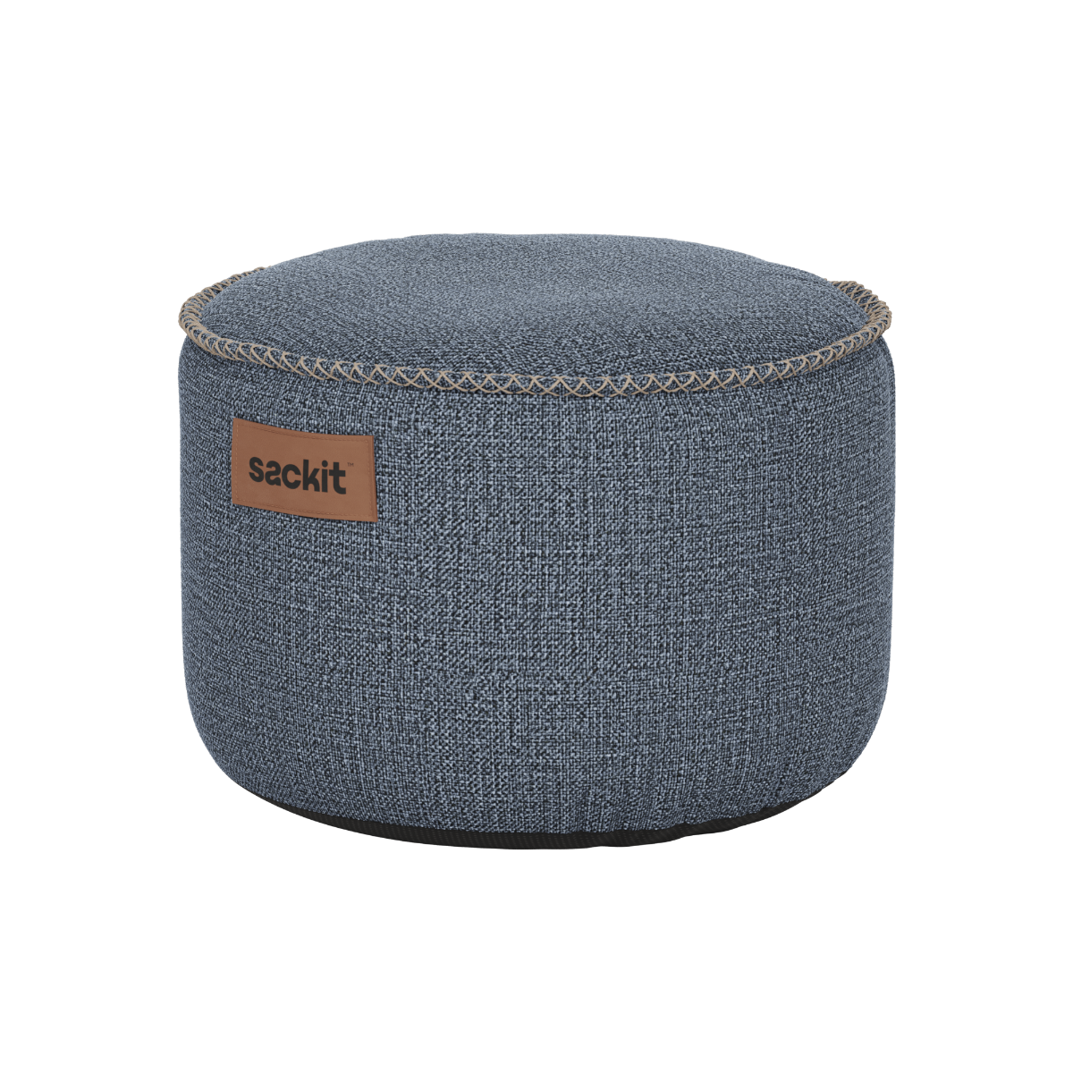 Round Kirra Indigo Cobana Pouf with textured fabric and hand-sewn stitches for indoor and outdoor use