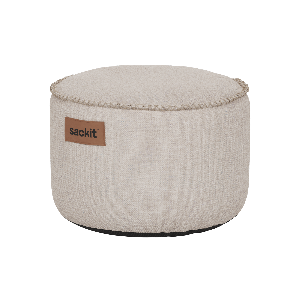 Kirra Sand Cobana Pouf with a round shape and textured fabric suitable for indoor and outdoor use