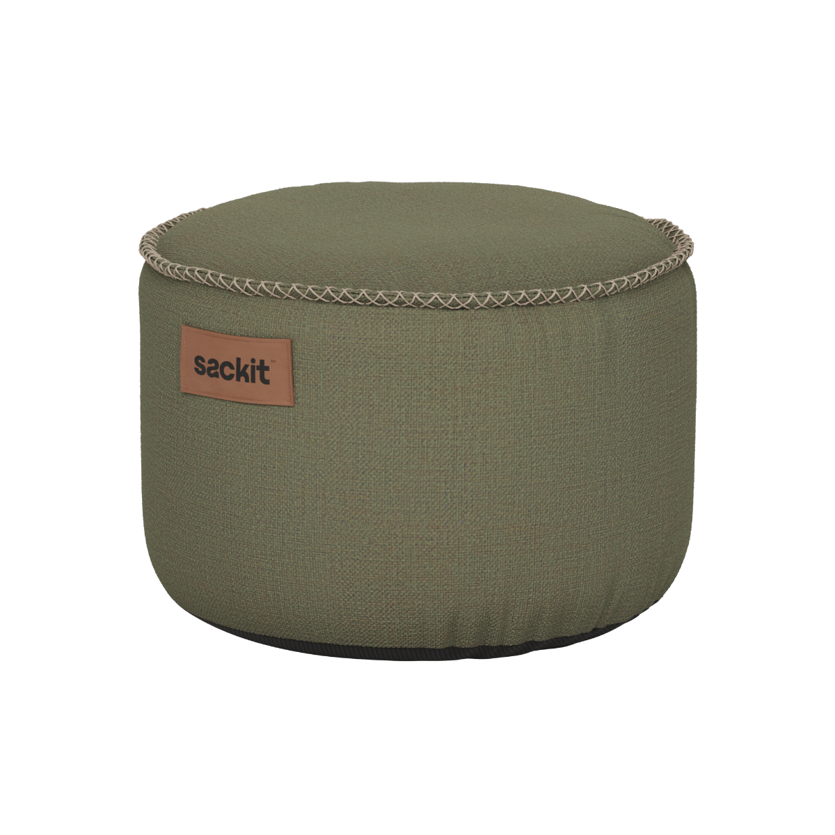 Kirra Olive Cobana Pouf with durable fabric and hand-sewn stitches, round shape for indoor and outdoor use