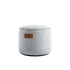 Round Cobana Junior Pouf in sand melange color with textured fabric and hand-sewn stitches.