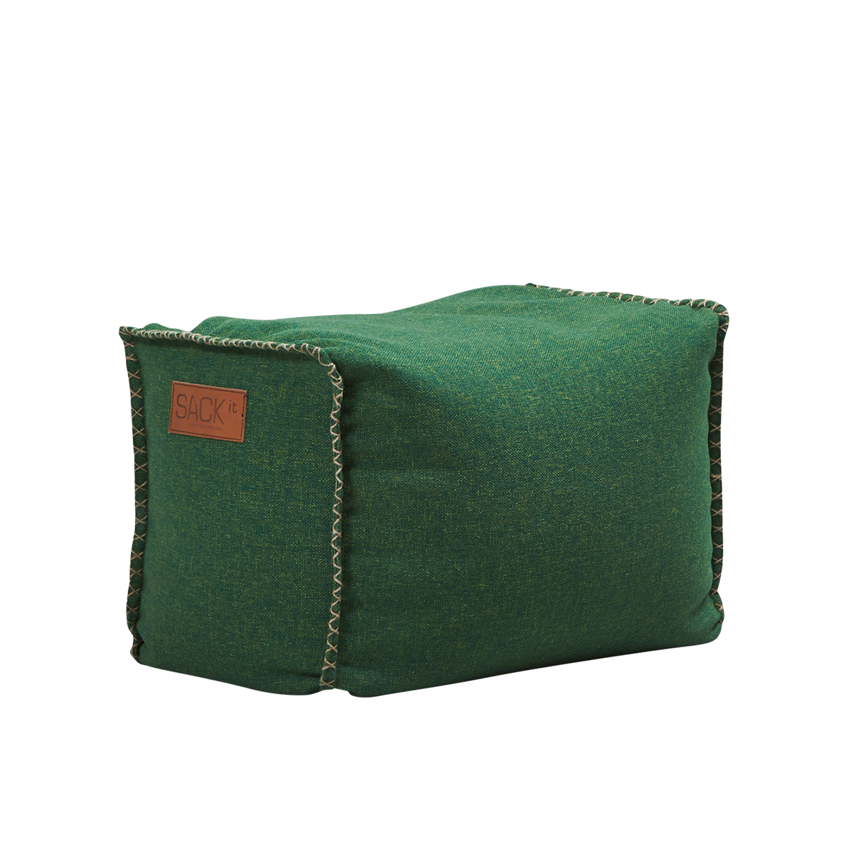 Cobana Square Pouf in green canvas fabric with a square shape and hand-sewn stitches