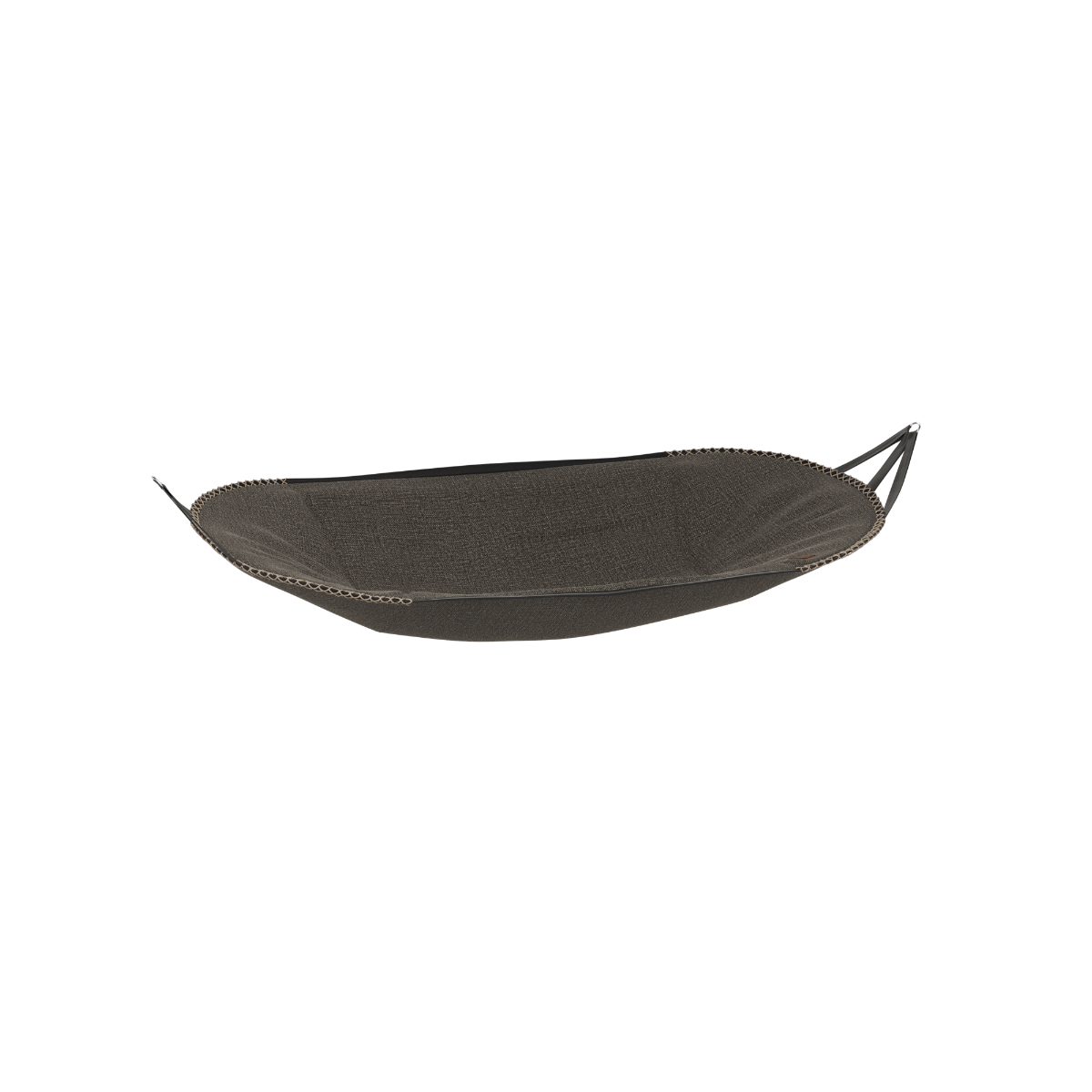 Dark gray Cobana hammock fabric from sackit for outdoor relaxation shown without its frame with curved ends and a supportive textile bed
