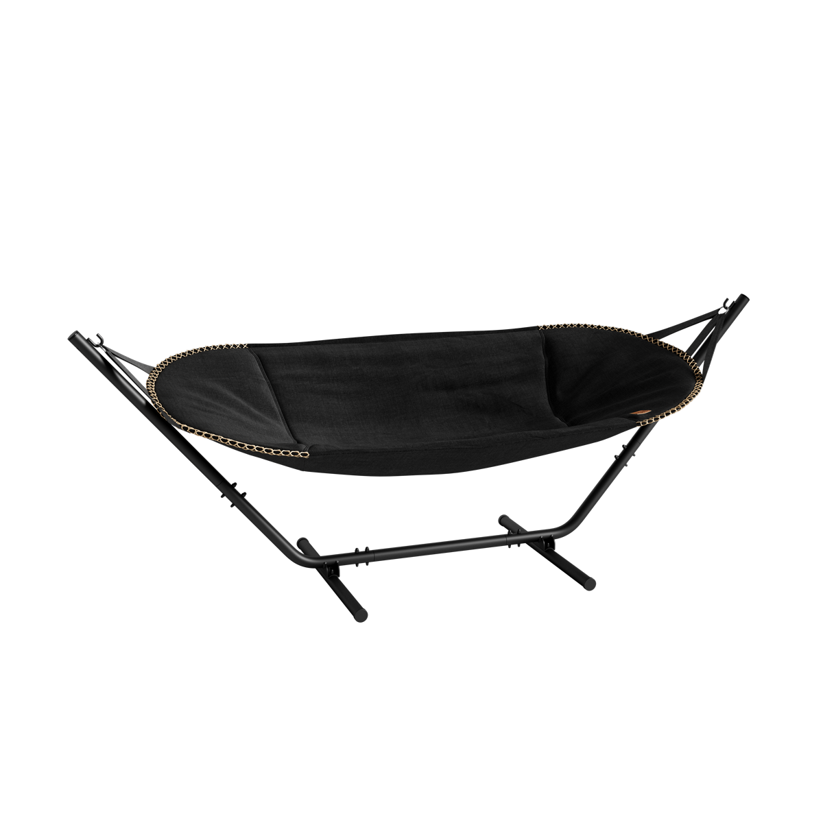 Cobana Hammock in black olefin fabric with black powder-coated aluminum frame outdoors