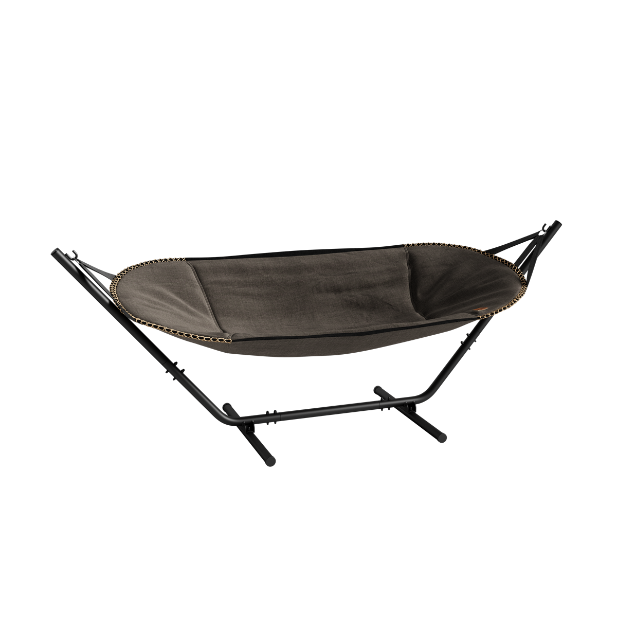 Cobana Brown olefin hammock with black powder-coated aluminum stand for outdoor use