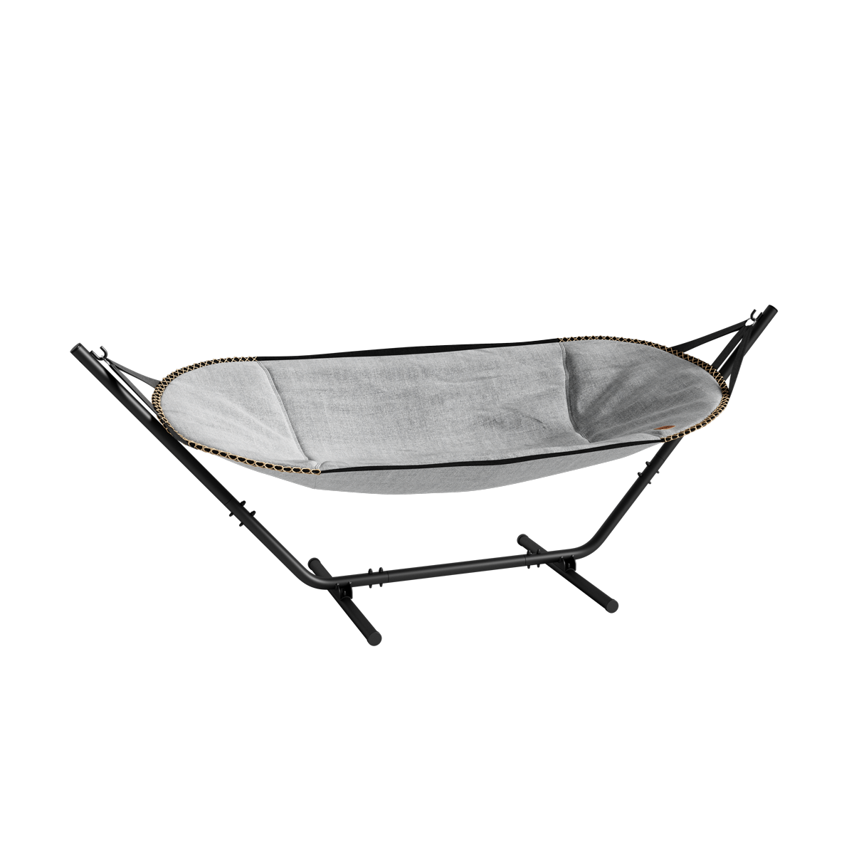 Cobana Sand Melange hammock with black powder-coated aluminum stand in outdoor setting