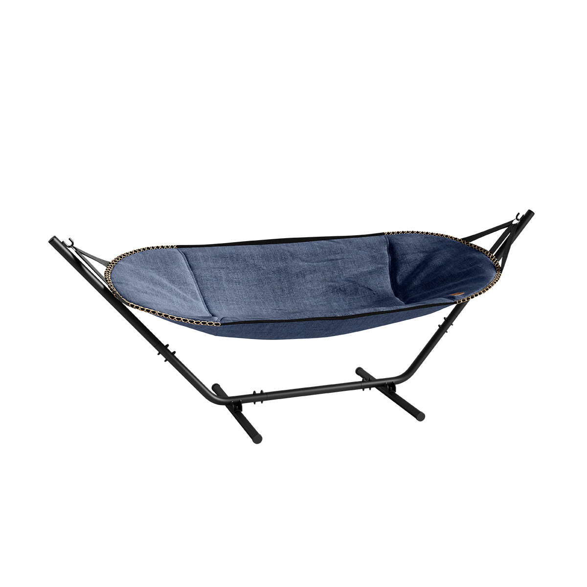 Kirra Indigo Cobana Hammock with black aluminum frame, designed for outdoor relaxation.