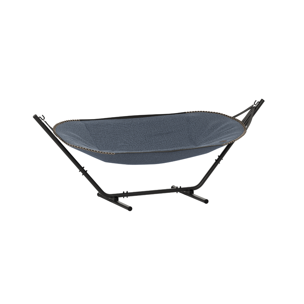 sackit Cobana hammock with dark blue olefin fabric on a black freestanding frame for relaxing outdoors in the garden or on the terrace
