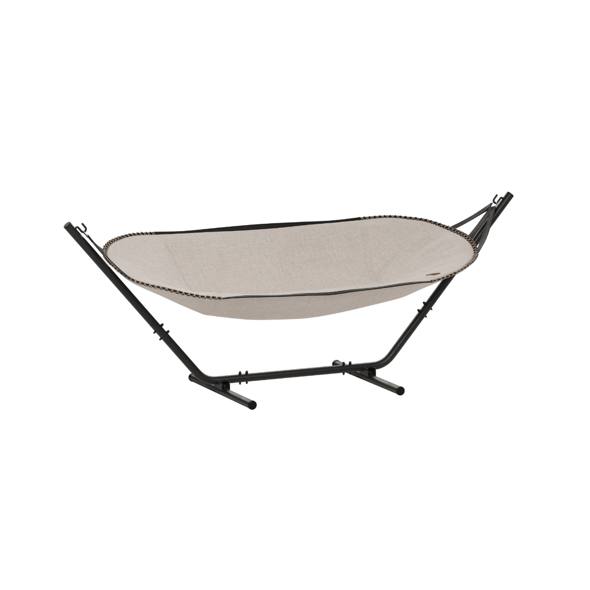 sackit Cobana hammock with a beige supportive fabric sling on a black metal stand for relaxing outdoors in the garden or on the terrace