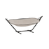 sackit Cobana hammock with a beige supportive fabric sling on a black metal stand for relaxing outdoors in the garden or on the terrace