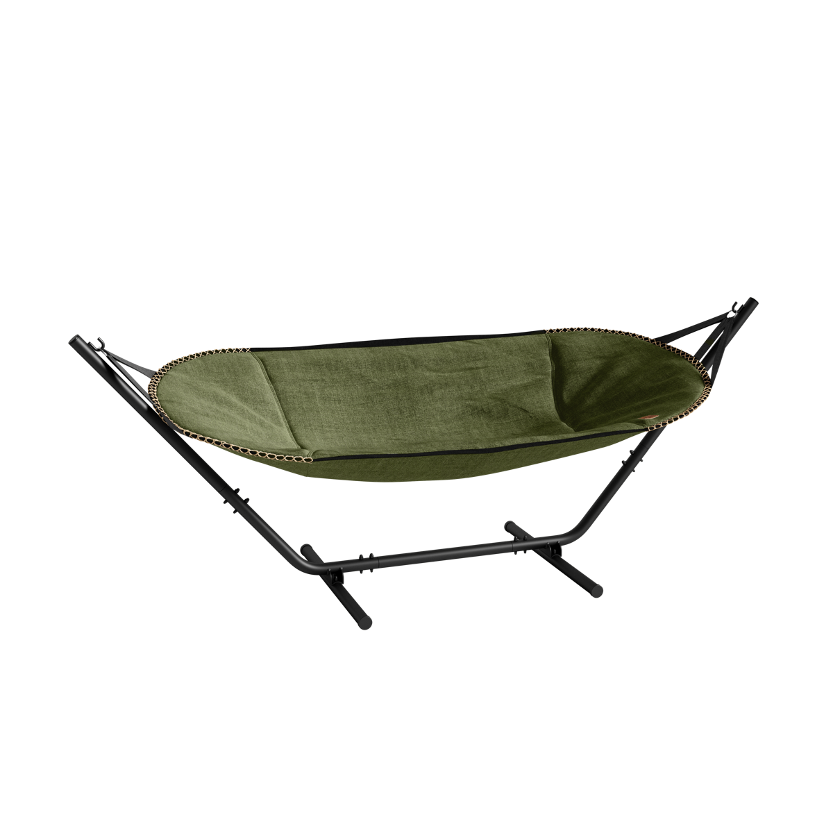 Kirra Olive Cobana Hammock with black powder-coated aluminum frame for outdoor relaxation