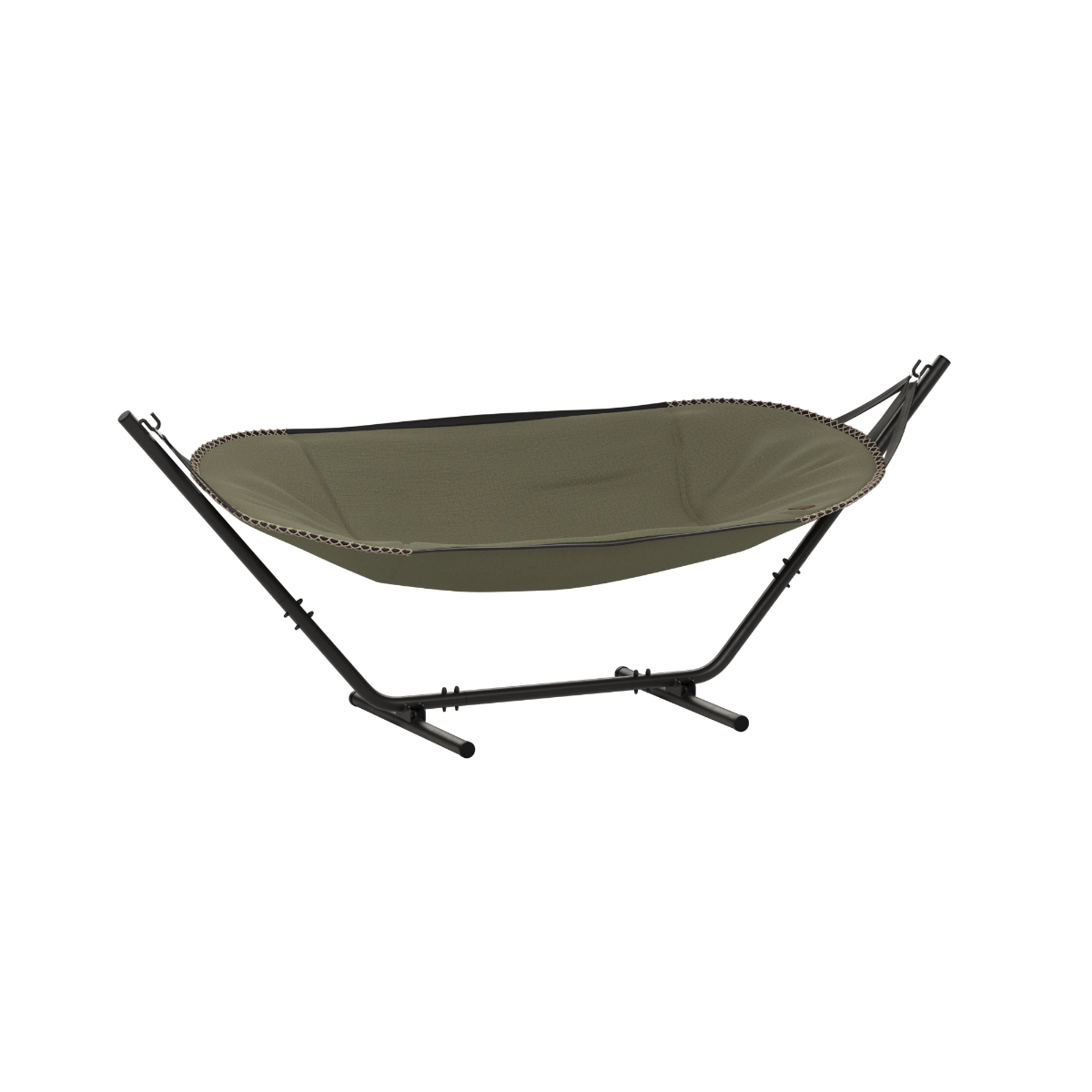 Olive green Cobana hammock on a black metal stand for comfortable outdoor lounging in the garden or on the terrace by sackit