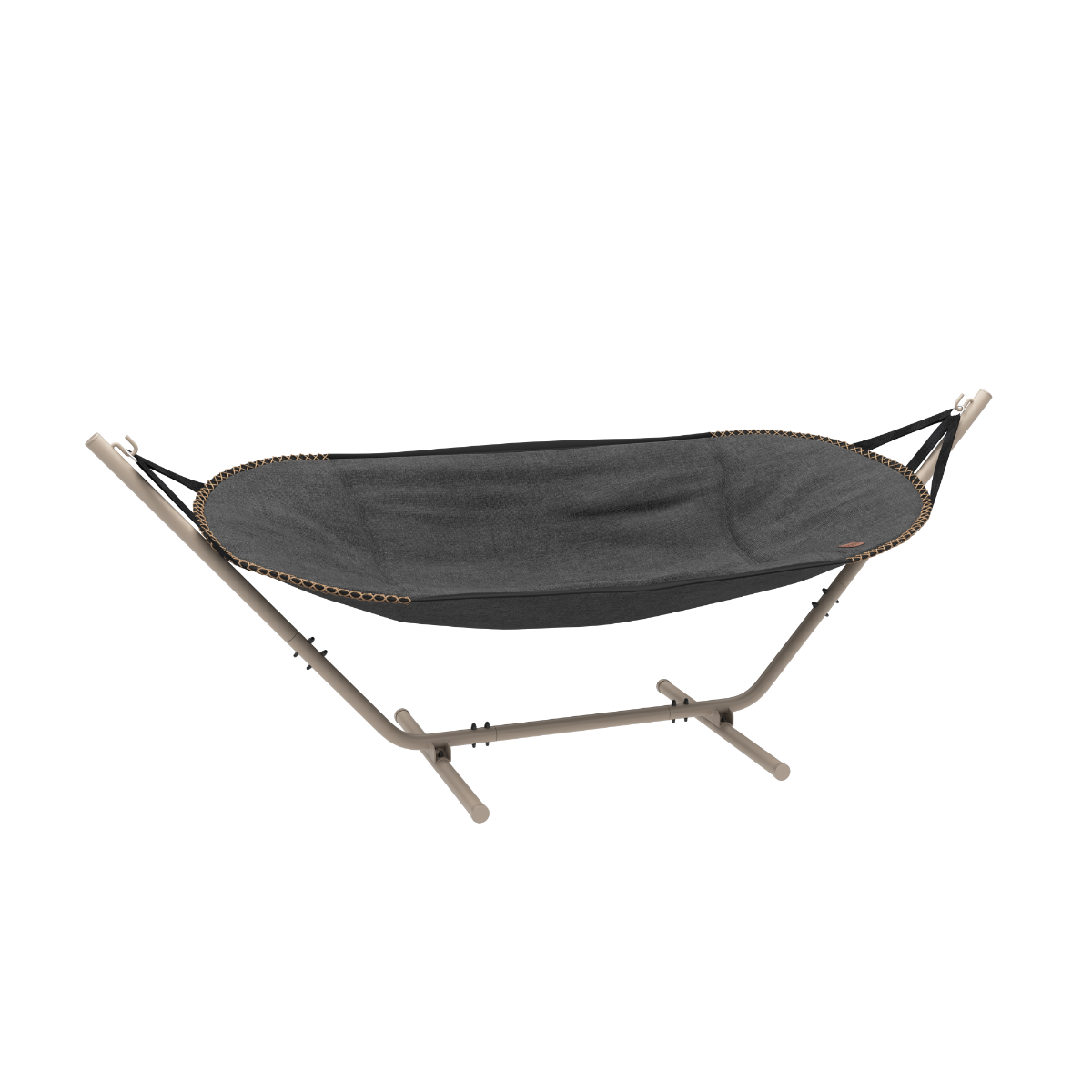 Cobana Grey hammock with taupe powder-coated aluminum stand in outdoor setting