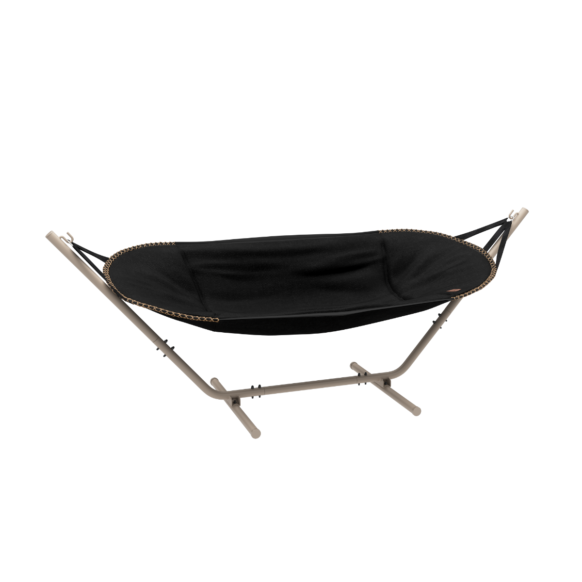 Cobana Black hammock with taupe powder-coated aluminum stand in a simple studio setting.