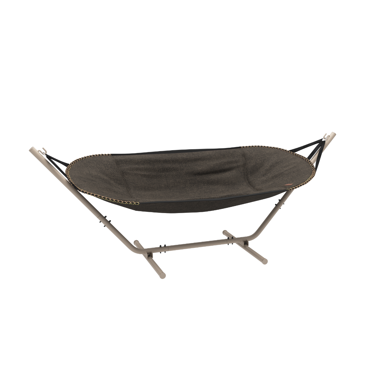 Cobana Hammock in Cobana Brown fabric with taupe aluminum stand outdoors.