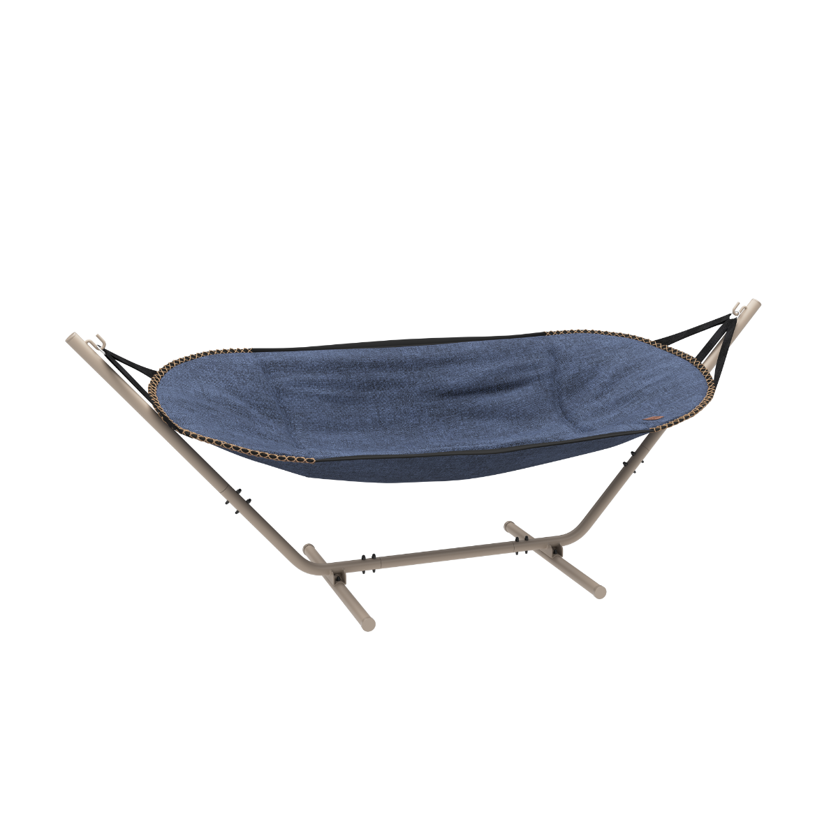 Kirra Indigo Cobana Hammock with taupe powder-coated aluminum stand for outdoor use