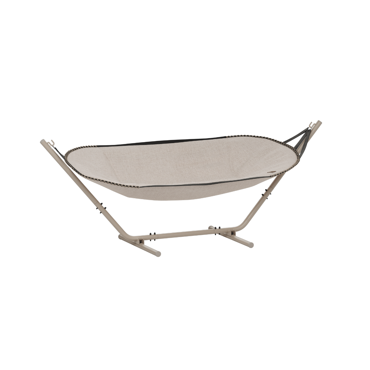 Beige garden hammock with a supportive fabric sling and freestanding stand for relaxing outdoors from sackit