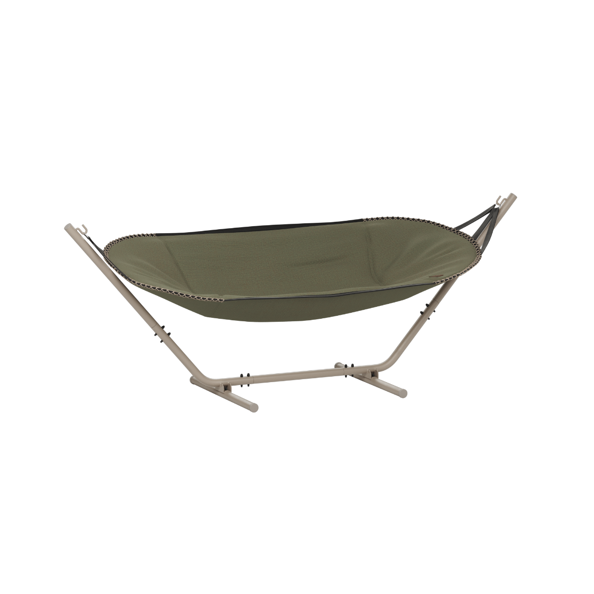 sackit Cobana hammock in olive green olefin textile with a sturdy metal frame for comfortable outdoor lounging in the garden or on the terrace